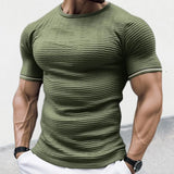 Itooh Elastic Slim Knit T Shirts Men Summer Short Sleeve O Neck Knitted T-shirt Sports Fitness Training Skinny Pure Color Knitting Tee