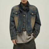 Itooh Short Japanese Distressed Denim Jacket Men Women Retro Fake Two-piece Double Necked Jackets High Street Wide Shoulder Jean Coats