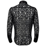 Itooh Mid-Century Retro Style Mens Tops Autumn See-through LGBT Flower Lace Hollow Transparent Shirt Long Sleeve Button-Down Shirt