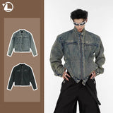 ITOOH 2024 Mens Denim Jacket Zippered Metal Design Distressed Washed Short Jeans Jacket Vintage Trendy Spliced Male Outerwear New