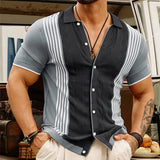 Itooh Fashion Striped Print Ice Silk Tops Men Summer Casual Breathable Short Sleeve Slim Knit Shirts For Mens Knitwear Vintage Shirt