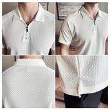 Itooh  Men's Short-Sleeved White Golf Shirt, Seersucker Mesh Fabric, Ice Silk Thin High Elastic Half Zipper Polo Shirt,T-shirt