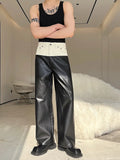 Itooh  Designer Denim Matching PU Leather Color Contrast Versatile Straight Pants 2024 Spring Wide Leg Trousers High Street