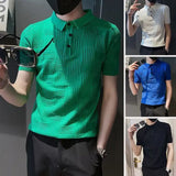 Itooh Summer Thin Solid Color Striped Casual Men's Clothing Slim Korean Version Trend Fashion Short Sleeve Youth Simplicity POLO Shirt