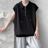 Itooh Men Turn-down Collar Tanks Drawstring Vest Summer Simple Loose Breathable Teenager Fashion Sleeveless Casual Tops Plus Size 2XL