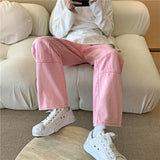 Itooh Pink Jeans Men Fashion Vintage Pocket Cargo Jeans Men Streetwear Hip Hop Loose Straight Denim Trousers Mens Wide Leg Pants S-3XL