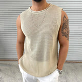 Itooh  Leisure Solid Color Hollow Out Mens Knit Camisoles Summer Casual O Neck Sleeveless T Shirt Men Fashion Slim Knitting Tank Tops