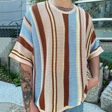 Itooh  Summer New Mens Fashion Knit Pullover Top Male Casual Loose Short Sleeve O Neck Knitted Tee Men Trendy Patchwork Striped T-shirt