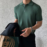 ITOOH Summer Men's Clothing Retro Knit Lapel Striped Polo Shirt Solid Color Short Sleeve Fashion Light Luxury Popular Knitwear M-3XL