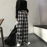 ITOOH Oversize Women Sweatpants Fashion Black Plaid Casual Pants Baggy Elastic Waist Pockets Student Unisex Hip Hop Loose Trousers