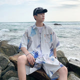 Itooh Summer Men's Hawaiian Beach Sets Single Breasted Graffiti Printed Short Sleeve Shirt and Shorts Casual Vacation Travel Outfit