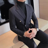 Itooh British Style autumn Men Business Suit Jacket Fashion Double Breasted Blazers Slim Fit Casual Wedding Tuxedo Dress Coat