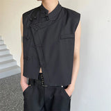 Itooh   Spring Summer Round Collar Male Vest Chinese Style Button Solid Color Sleeveless Vests Trendy Men's Clothing Niche Design