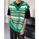 Itooh Autumn New Color Block Striped Sweater Vest for Men Korean Fashion Casual Loose Sleeveless Knitted Sweater Vests Men and Women