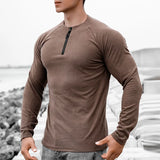 Itooh Long Sleeve Elastic Slim T-shirt Mens Sports Fitness Pure Color Zipper V Neck T Shirt Spring Men Clothes Casual Training Tee Top