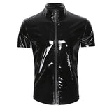 Itooh Sexy Unisex Wet Look PU Leather T Shirts For Women Men Short Sleeve Solid Black Zip-up Turtleneck Tees Top T Shirts Clothing