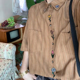 ITOOH 2024 Japanese retro embroidered vertical striped short-sleeved shirt summer niche design vintage couple trendy shirt y2k ins emo