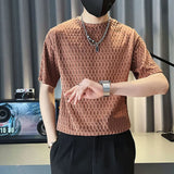 Itooh Summer Men's Clothing Trend Slim Fashion Casual Short Sleeve Round Neck Solid Color Jacquard Weave Korean Version T-shirt