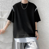 Itooh Fake Two Piece Striped Patchwork T-shirts Loose Mens Streetwear Casual  T Shirt  Summer Short Sleeves Tshirt Tee Tops