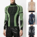 Itooh Men's Trendy Long Sleeved T-shirt Men's Stretch Tights High Collar Base Shirt Striped Patchwork Sport Fitness Jersey Streetwear