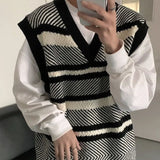 Itooh Autumn New Color Block Striped Sweater Vest for Men Korean Fashion Casual Loose Sleeveless Knitted Sweater Vests Men and Women