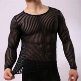 Itooh Mens Stripe Undershirt Breathable Slim Mesh Tees Shirt See Through Sheer Long Sleeves T Shirts Sexy Transparent Shirt Underwear