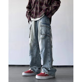 Itooh Men Ripped Holes Cargo jeans Fashion Burrs Vintage Blue Streetwear Casual Denim Pants Unisex Hip Hop Patchwork Jean Pants