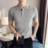 Itooh  Ice Silk Wave Striped Knitted Lapel Short Sleeve Men's T-shirt Slim Hole Polo Shirt Gray ,polo Golf Shirt