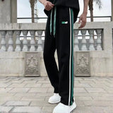 Itooh Fashion Casual Men's Clothing  Splice Pockets Stripe Print Drawstring Commuting High Waisted Straight Leg Wide Leg Pants