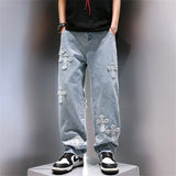 Itooh  High Street Jeans Men Cross Graphic Baggy Denim Pants Unisex Young Streetwear Blue Loose Punk Casual Fashion Y2k Trousers Summer