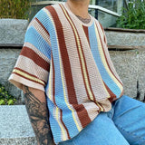 Itooh  Summer New Mens Fashion Knit Pullover Top Male Casual Loose Short Sleeve O Neck Knitted Tee Men Trendy Patchwork Striped T-shirt