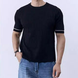 Itooh Streetwear Mens Vintage Jacquard Slim Knit T Shirt Short Sleeve O Neck Knitted Tee Men Summer Fashion Pullover Top Male Knitwear