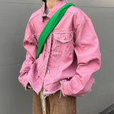 Itooh Niche Frayed Retro Denim Jacket High Street Workwear Jean Coats for Men Loose Short Casual Outwear Pink Trendy Men's Clothing