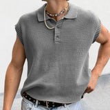 Itooh Leisure Solid Knitting Tops  Summer Turn-down Collar Knit Vest Polo Shirts Men's Fashion Sleeveless Buttoned Pullover Unisex