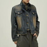 Itooh Short Japanese Distressed Denim Jacket Men Women Retro Fake Two-piece Double Necked Jackets High Street Wide Shoulder Jean Coats