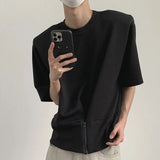 Itooh Shoulder Pad Short Sleeve T Shirt Men's Retro Pullover Loose Design O Neck Top Half Sleeve Summer Zipper Half-sleeved Tees Shirt