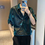 Itooh Men Shiny Design Casual Shirt Trendy Handsome Shirts Fashion Loose Half Sleeve Tops Korean Style Personality Clothing