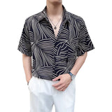 Itooh Summer Loose Ice Silk Shirt Men Fashion Striped Printed Short Sleeve Shirts Oversized Streetwear Social Men Clothing