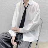 Itooh White Solid Shirts With Tie Men's Oversize Long Sleeve Casual Cardigan Fashion Spring Autumn Blouses Unisex Daily All-match Tops