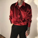 Itooh Spring New Arrival Wine Red Velvet Shirts for Men High-end Niche Luxury Solid Color Lapel Buttons Long Sleeve Drape Mens Shirts