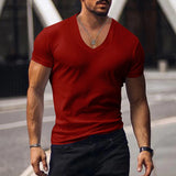 Itooh  Casual Short Sleeve V Neck Slim Tee Mens Summer Leisure Pure Color Simple Basic T Shirt Men Clothes Fashion Skinny Tops Pullover