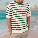 Itooh Summer Short Sleeve Sweater T Shirts Men Vintage Jacquard Striped Knitted Tops Mens Casual O Neck Jumper Tee Male Fashion Tops