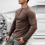 Itooh Long Sleeve Elastic Slim T-shirt Mens Sports Fitness Pure Color Zipper V Neck T Shirt Spring Men Clothes Casual Training Tee Top