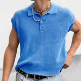 Itooh Leisure Solid Knitting Tops  Summer Turn-down Collar Knit Vest Polo Shirts Men's Fashion Sleeveless Buttoned Pullover Unisex