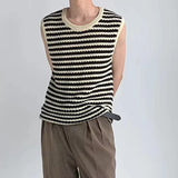 Itooh Korean Clothes Sleeveless Knitted Sweater Vest Male Striped Hollow Summer Loose Casual Harajuku Niche Design Pullover Men's Vest