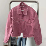 Itooh Niche Frayed Retro Denim Jacket High Street Workwear Jean Coats for Men Loose Short Casual Outwear Pink Trendy Men's Clothing