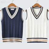 Itooh  Sweater Vest Men Thicken V-neck Sleeveless Knitted Sweaters Vests Striped Retro Preppy-style Simple Chic Loose Casual All-match