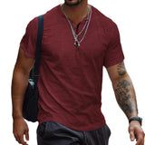 ITOOH  Henley Collar Solid Color T Shirts Men Summer Casual Short Sleeve Buttoned Tops For Mens Clothes Leisure Pullover Tees