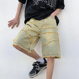 Itooh  Summer Raw Edge Denim Shorts Men Trendy Yellow Dyed Five-point Pants Tide Brand Ins Retro Loose Straight Pants