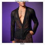 Itooh Sexy Man Black Mesh Transparent Shirts And Blouses Deep V Neck 2 Buttons Long Sleeve Party Nightclub Tops Shirt For Men Clothing